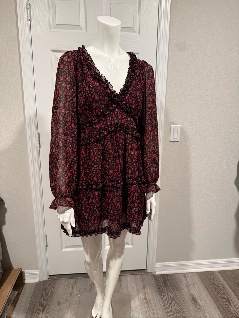 Row A-Floral Ruffle V-Neck Mini Dress - Black with Red Floral